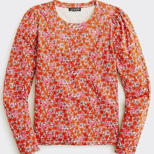 NWT J. CREW Puff-Sleeve Floral Print Crew Neck T-Shirt 100% Cotton Knit Tee